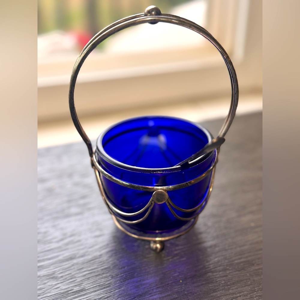 Vintage Art Deco Jam Jar Cobalt Blue Carrying Caddy, with Silver Spoon England
